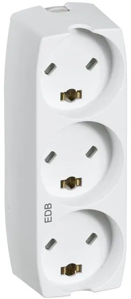 LK Pistorasia, jossa on 3 suorakulmaista EDB-pistoketta, 2-napainen maadoituksella, valkoinen